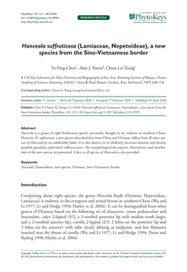 Hanceola Suffruticosa (Lamiaceae, Nepetoideae), a New Species from the Sino-Vietnamese Border