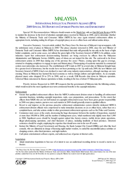 Malaysia International Intellectual Property Alliance (Iipa) 2009 Special 301 Report on Copyright Protection and Enforcement