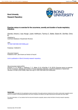 Bond University Research Repository Exercise Versus No Exercise for The