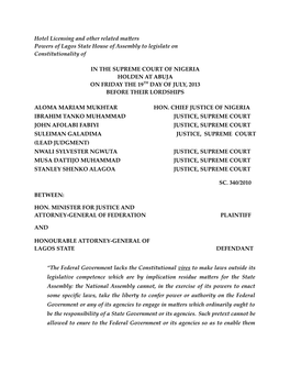 Hotel Licensing and Other Related Matters Powers of Lagos State House of Assembly to Legislate on Constitutionality Of