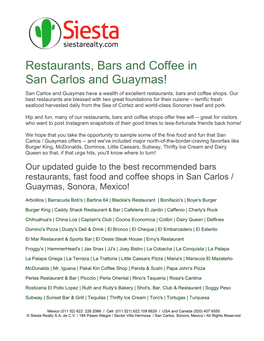 Restaurants, Bars and Coffee in San Carlos and Guaymas! San Carlos and Guaymas Have a Wealth of Excellent Restaurants, Bars and Coffee Shops