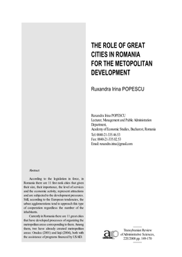 The Role of Great Cities in Romania for the Metopolitan Development