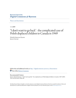 The Complicated Case of Polish Displaced Children to Canada in 1949 Monika Katarzyna Payseur Ryerson University