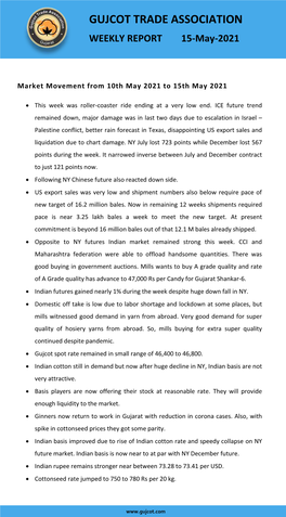 GUJCOT TRADE ASSOCIATION WEEKLY REPORT 15-May-2021