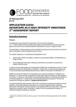 APPLICATION A1034 ADVANTAME AS a HIGH INTENSITY SWEETENER 2Nd ASSESSMENT REPORT