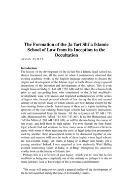 The Formation of the Ja Far Ī Shi a Islamic School of Law from Its