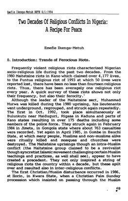 Two Decades of Religious Conflicts in Nigeria: a Recipe for Peace