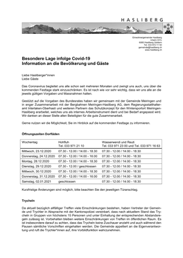 Besondere Lage Infolge Covid-19 Information an Die Bevölkerung Und Gäste