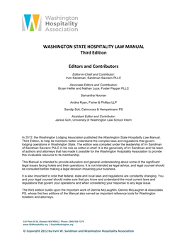 WASHINGTON STATE HOSPITALITY LAW MANUAL Third Edition Editors and Contributors