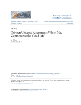 Thirteen Universal Assessments Which May Contribute to the ‘Good Life’ Jer Clifton Jer.Clifton@Gmail.Com