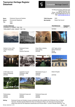 Tasmanian Heritage Register Datasheet