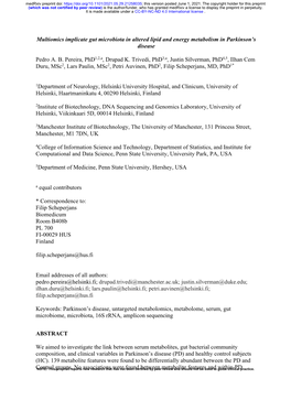 Multiomics Implicate Gut Microbiota in Altered Lipid and Energy Metabolism in Parkinson's Disease Pedro A. B. Pereira, Phd1,2