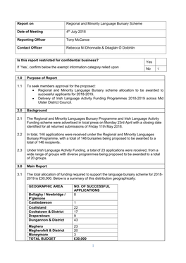 Report on Regional and Minority Language Bursary Scheme Date of Meeting 4Th July 2018 Reporting Officer Tony Mccance Contact