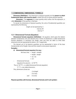 1.3 Dimensions Dimensional Formula