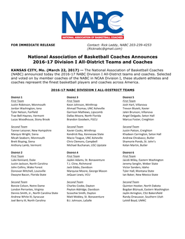 National Association of Basketball Coaches Announces 2016-17 Division I All-District Teams and Coaches