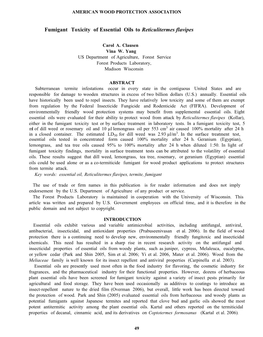 Fumigant Toxicity of Essential Oils to Reticulitermes Flavipes