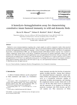 A Hemolysis–Hemagglutination Assay for Characterizing Constitutive Innate Humoral Immunity in Wild and Domestic Birds