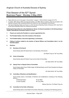 First Session of the 52Nd Synod Business Paper: Monday 3 May 2021