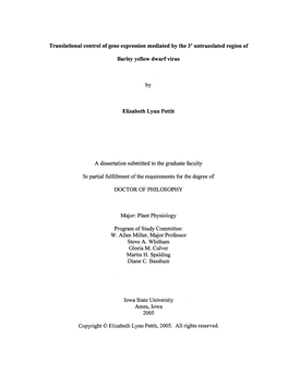Translational Control of Gene Expression Mediated by the 3' Untranslated Region of Barley Yellow Dwarf Virus by Elizabeth Lynn P