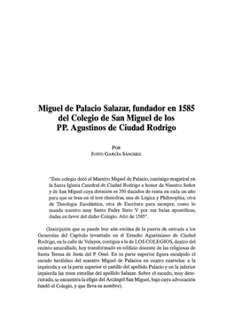 Miguel De Palacio Salazar, Fundador En 1585 Del Colegio De San Miguel De Los PP