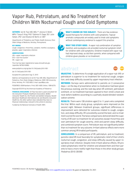 Vapor Rub, Petrolatum, and No Treatment for Children with Nocturnal Cough and Cold Symptoms