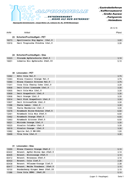 Artnr Artikel Pfand 23 Schorlen/Fruchtsaftgetr