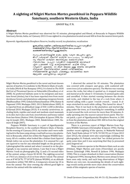 A Sighting of Nilgiri Marten Martes Gwatkinsii in Peppara Wildlife Sanctuary, Southern Western Ghats, India