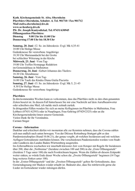 Kath. Kirchengemeinde St. Afra, Obernheim Pfarrbüro Obernheim, Schulstr. 4, Tel. 901710 / Fax 901712 Mail Stafra.Obernheim@Drs.De Pfr