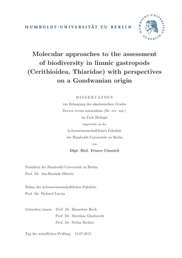 Cerithioidea, Thiaridae) with Perspectives on a Gondwanian Origin