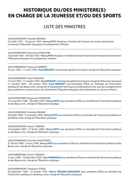 Historique Du/Des Ministere(S) En Charge De La Jeunesse Et/Ou Des Sports