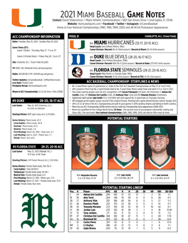 2021 Miami Baseball Game Notes