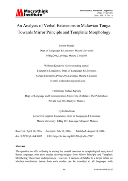 An Analysis of Verbal Extensions in Malawian Tonga: Towards Mirror Principle and Templatic Morphology