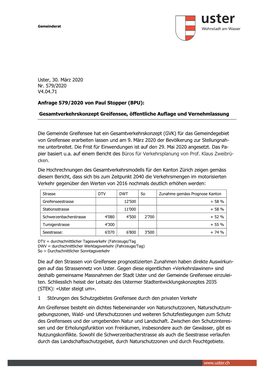 Gesamtverkehrskonzept Greifensee, Öffentliche Auflage Und Vernehmlassung