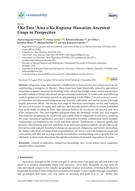 Aina O Ke Kupuna: Hawaiian Ancestral Crops in Perspective