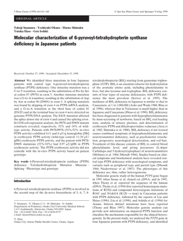 Molecular Characterization of 6-Pyruvoyl-Tetrahydropterin Synthase Deﬁciency in Japanese Patients