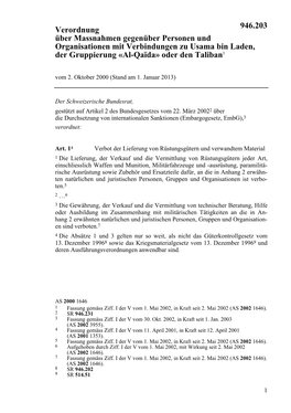 Verordnung Über Massnahmen Gegenüber Personen Und Organisationen Mit Verbindungen Zu Usama Bin Laden, Der Gruppierung «Al-Qaïda» Oder Den Taliban1 Vom 2