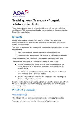 Teaching Notes: Transport of Organic Substances in Plants