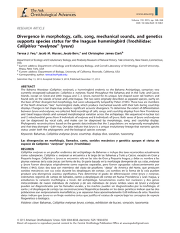 Divergence in Morphology, Calls, Song, Mechanical Sounds, and Genetics Supports Species Status for the Inaguan Hummingbird