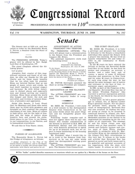 Congressional Record United States Th of America PROCEEDINGS and DEBATES of the 110 CONGRESS, SECOND SESSION