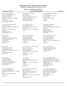 Malankara Mar Thoma Syrian Church SABHA PRATHINIDHI MANDALAM 2017 - 2020 Address List of Mandalam Members Report Date: 06/07/2017 DIOCESE - MUMBAI DIOCESE Page 1 of 5