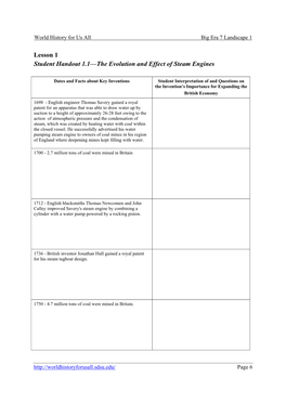 Lesson 1 Student Handout 1.1—The Evolution and Effect of Steam Engines