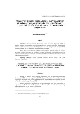 Anavatan Partisi İktidarı'nın İlk Yıllarında Türkiye-Avrupa Ekonomik