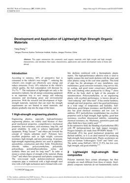 Development and Application of Lightweight High Strength Organic Materials