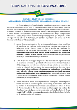 Carta Dos Governadores Brasileiros À Organização Das Nações Unidas E À Organização Mundial Da Saúde