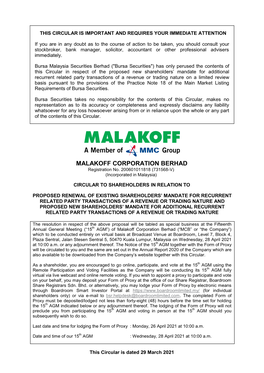 MALAKOFF CORPORATION BERHAD Malakoffmalakoffregistration Corporationno.CORPORATION 200601011818 (731568-V) BERHADBERHAD Registrationregistration(Incorporated No.No
