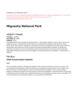 Miguasha National Park - 2014 Conservation Outlook Assessment (Archived)