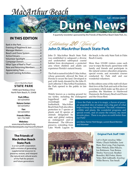 Dune News a Quarterly Newsletter Sponsored by the Friends of Macarthur Beach State Park, Inc