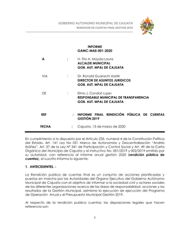 Gobierno Autonomo Municipal De Cajuata Informe Gamc