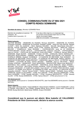 Conseil Communautaire Du 27 Mai 2021 Compte-Rendu Sommaire