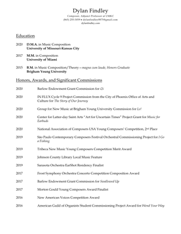 Dylan Findley Composer, Adjunct Professor at UMKC (865) 255-3059 • Dylanfindley0875@Gmail.Com Dylanfindley.Com